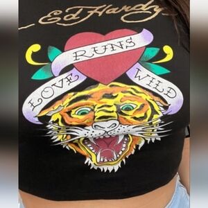 Ed Hardy "Love Runs Wild" Tiger Red Gold Green Graphic Black Crop T-Shirt Top M
